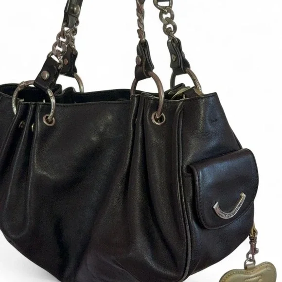 Y2K Vintage Black Juicy Couture leather handbag with heart‎ mirror charm