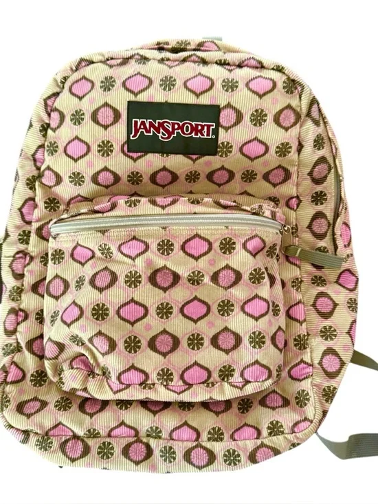 Jansport Corduroy Cream and Retro Pink Print School Size Backpack