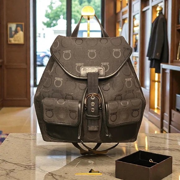 Salvatore Ferragamo Gancini Black Backpack‎