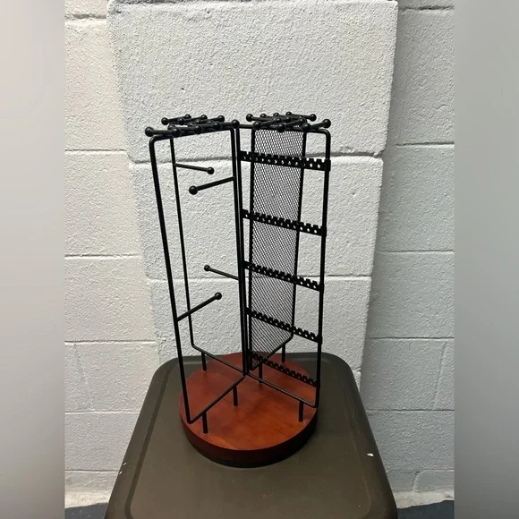 Black Metal Jewelry Stand with Wooden Base