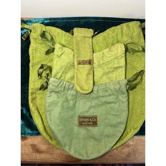 As Is-light Staining-4 Pc. Set Vintage Tiffany And Co. New York Green Felt Bags