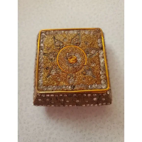 Vintage Gold Jeweled  Resin Trinket Box, from India  1-1/2