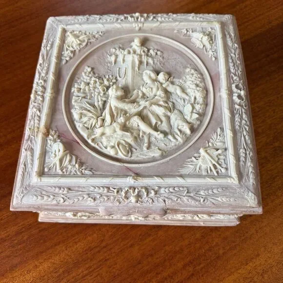 Vintage Carved Stone Incolay Victorian Jewelry Trinket Box Pink Marie Antoinette