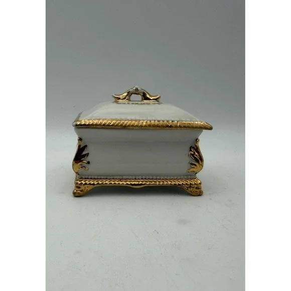 Vintage Miniature Porcelain Trinket Box White Gold Gilt Footed Casket 2.25