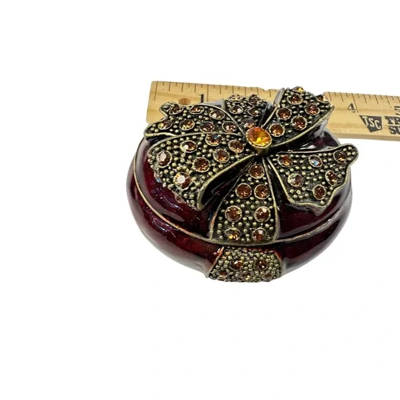 Round Burgundy Trinket Jewelry Box with Rhinestone‎ Bow Accent Display Decor