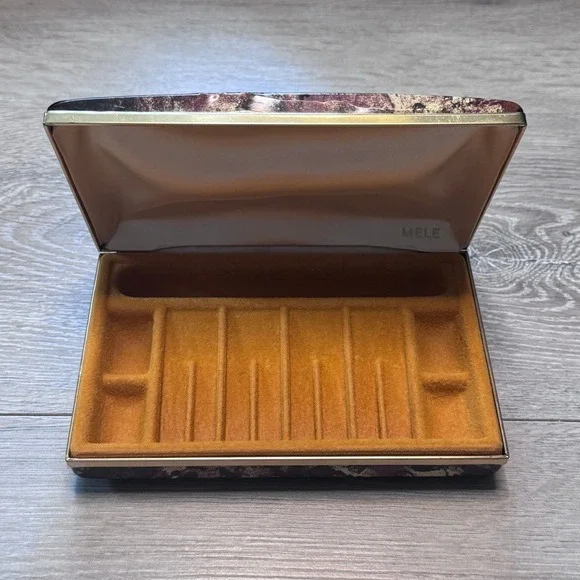 Vintage Mele Jewelry Box Abstract Brown Gold Splatter Travel Case Multi Section