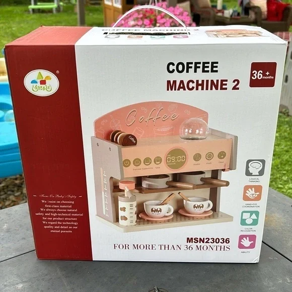 NIB! Wooden PINK Coffee Maker 14 Piece Playset Espresso Machine with Grinder