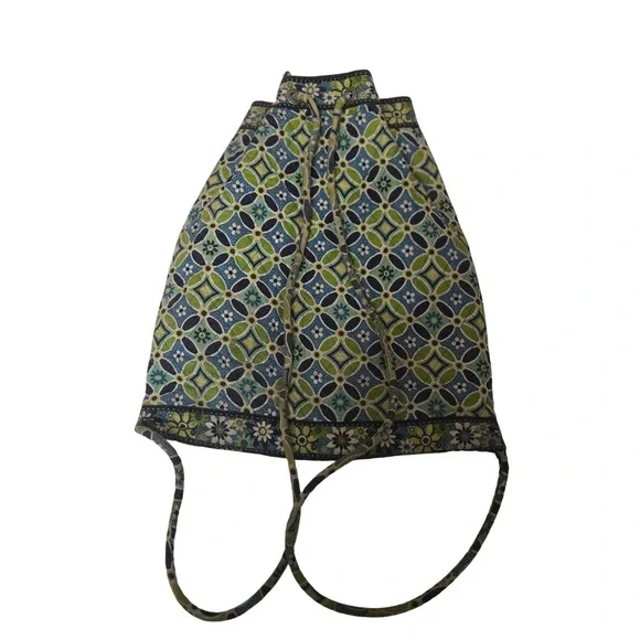 Vera Bradley Drawstring Backpack Bag Blue Green‎ Geometric Pattern
