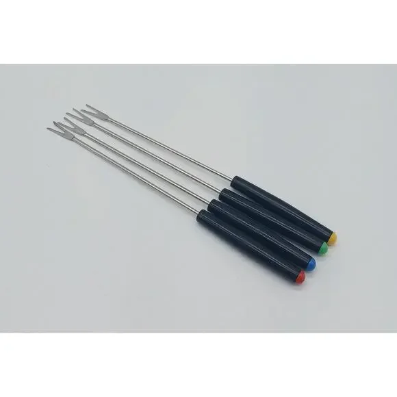 Set of 4 Vintage Fondue Forks Black Plastic Handles Red Yellow Green Blue Ends
