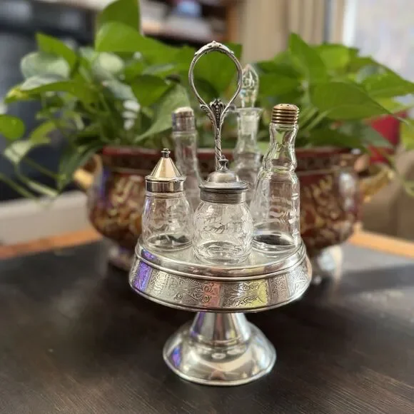 Antique Meriden Cruet Set Silver Plate Rotating Castor 5 Bottle Condiment Oil