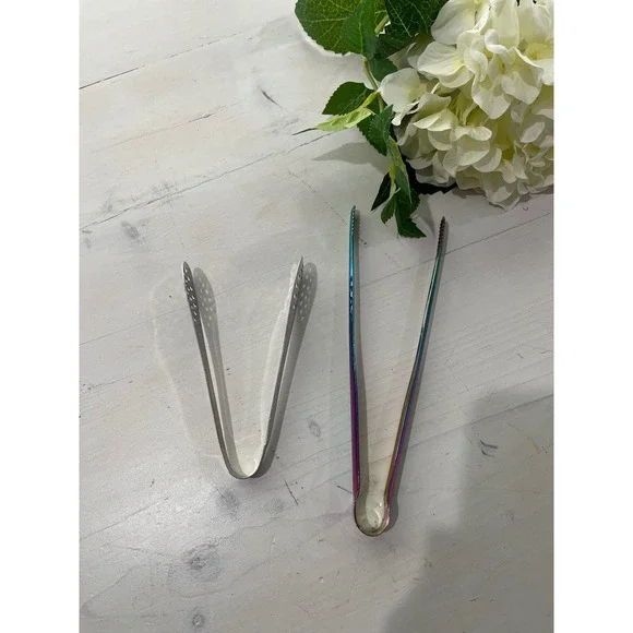 Rainbow Serving Tongs & Stainless Steel Silver Mini Kitchen Tongs Set‎ of 2