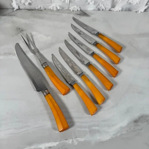 Westfield Stainless Carving Knife Fork 6 Steak Knives Set Butterscotch Bakelite