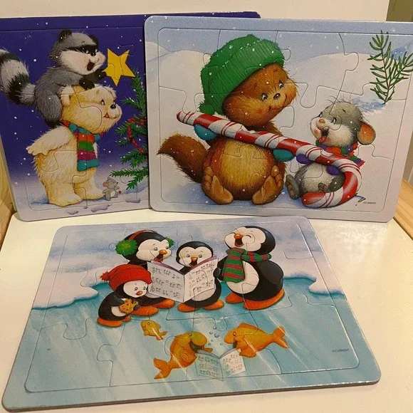 Vintage‎ Current brand set 3 Christmas jigsaw Puzzles 12 piece Winter Animals