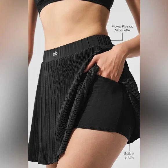ALO Micro Plisse Tennis Skirt - Black Sz L Women’s