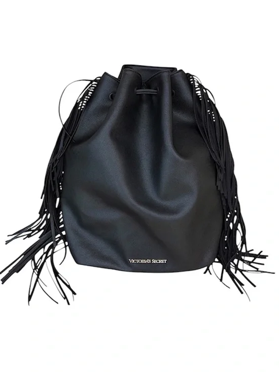 Victoria's Secret Black Fringe Drawstring Faux Leather Backpack