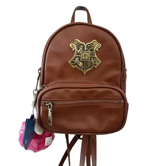 Harry Potter Hogwarts Crest Mini Backpack with Pink Pygmy Puff Keyring Brown
