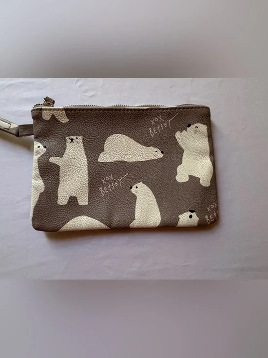 Betsey Johnson Taupe Cosmetic Pouch with Cream Polar Bear Print