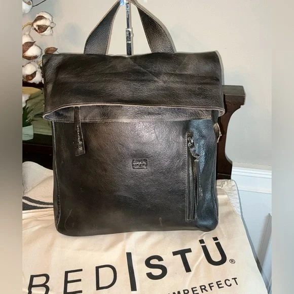 NWT Bed Stu Leather Howie Flapover Leather Backpack Black Rustic Retail $365