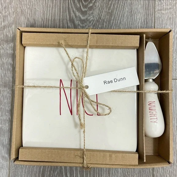 NWT Rae Dunn Cheese Board with Spreader Knife Gift Set “Naughty” & “Nice”