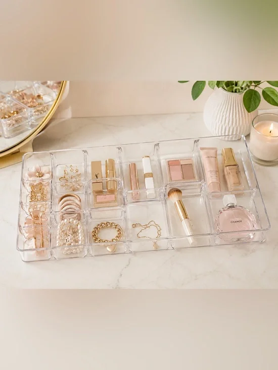 Clear Acrylic Drawer Organizer Tray 15 Compartment Makeup Jewelry Craft Storage