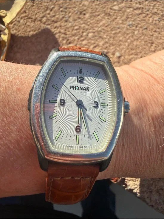 Vintage Phonak Swiss Made Men’s Watch – Brown Leather Strap, Rectangular Case