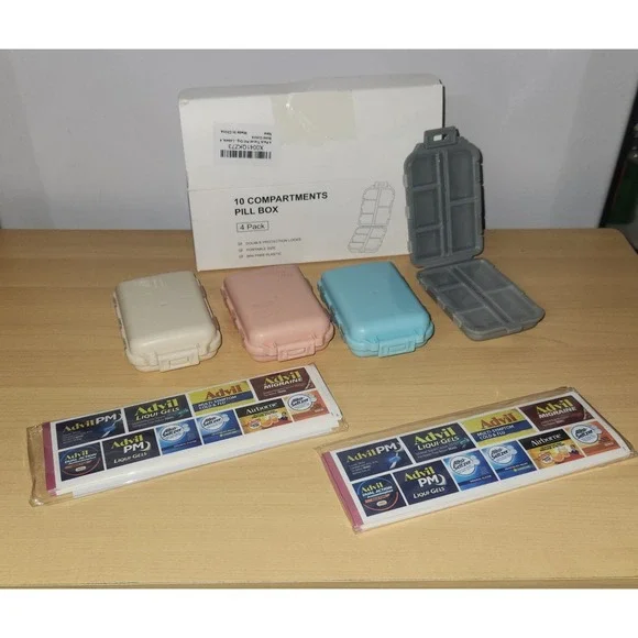 Travel Pill Organizer with Multiple‎ Labels - 10 Compartments (PACK OF 4)~NEW