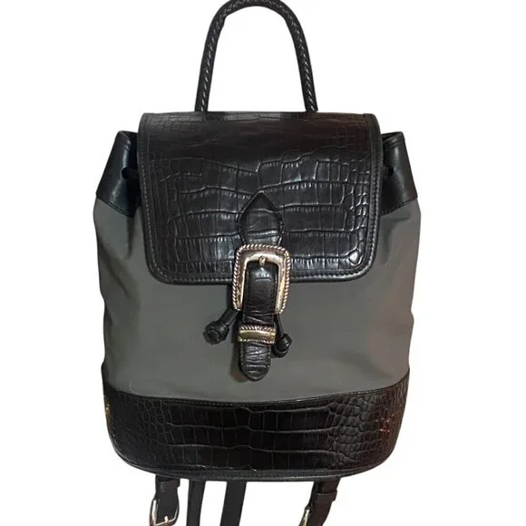 Vintage Brighton Croc Leather and Fabric Backpack in Black Gray