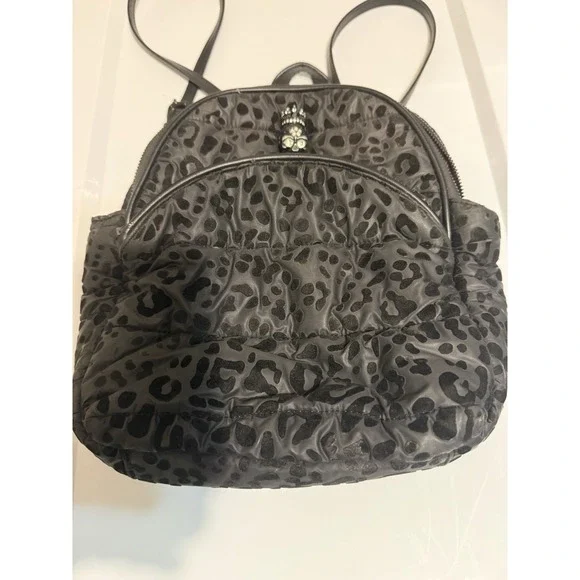 Betsey Johnson Backpack Women Medium Black Leopard Flocked Skull Quilted Goth