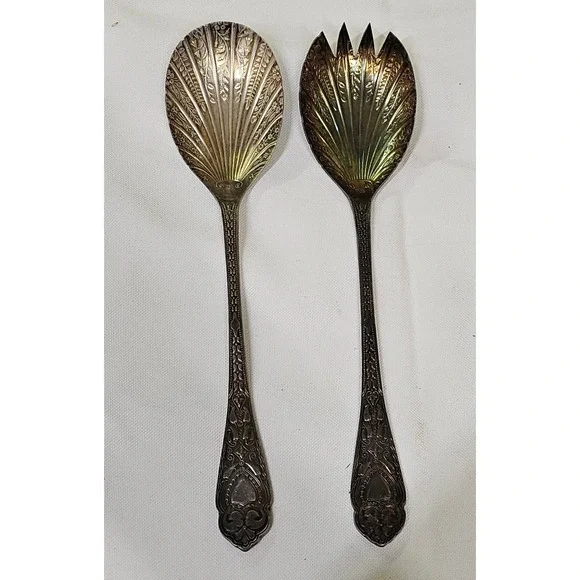 Vtg WA‎ Sheffield England EPNS Shell Salad Servers Spoon Fork Set Silver Plate
