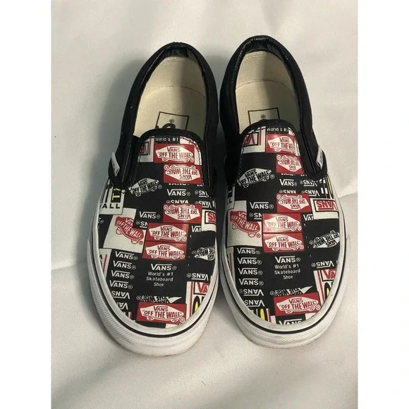 VANS CLASSIC SlipOn Canvas Shoes All Over Logo Print Mens Size 4.5 Womens 6 BinC