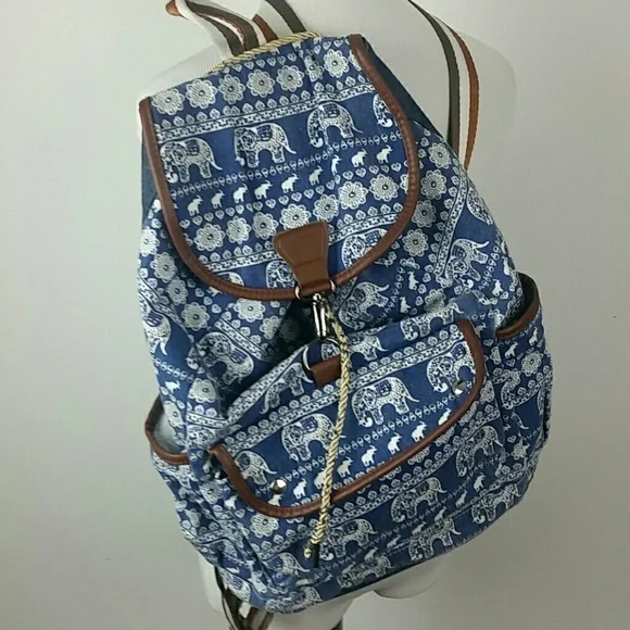 Elephant Print Backpack Navy E1