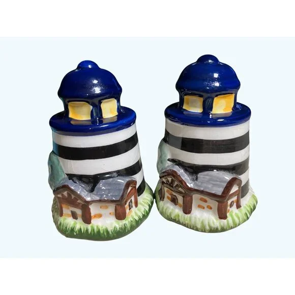 Hand-Painted Ceramic Lighthouse Salt & Pepper Shakers Coastal Kitchen Decor