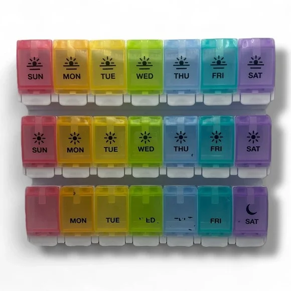 3-Tier Weekly Pill Organizer (AM/PM/Night Use)‎ – Travel Case, Color-Coded