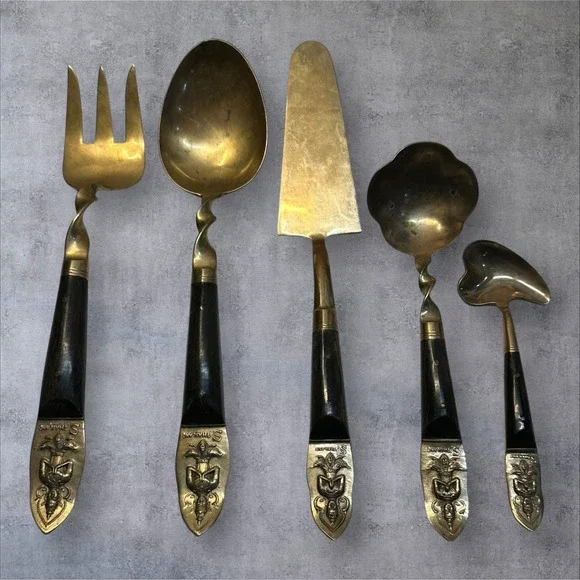 Vintage Siam Thailand Brass Thai Dancer Serving Set 5pc MCM‎