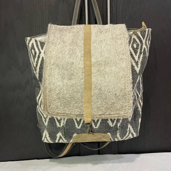 Myra Bag Upcycled Canvas and Cowhide Backbag Bag #5060