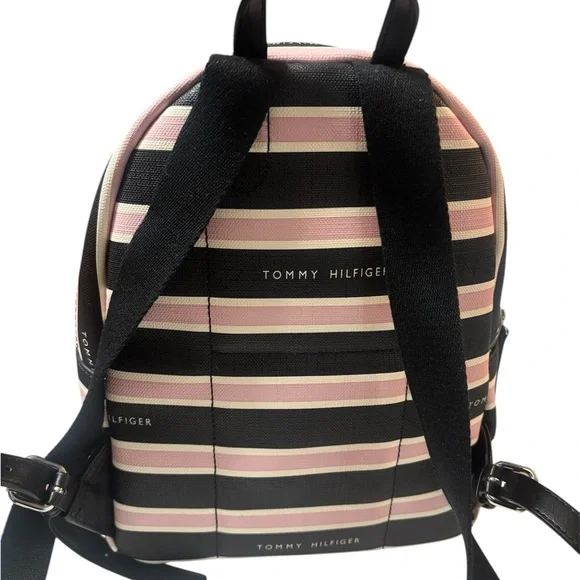 Tommy Hilfiger Black and Pink Striped Backpack EUC