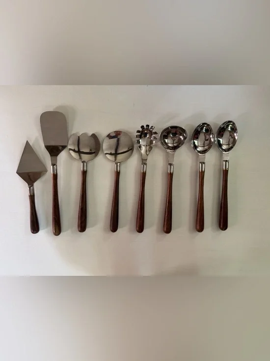 WILLIAMS SONOMA SET OF 8 Stainless Steel & Engraved Wood Kitchen Utensils 13”