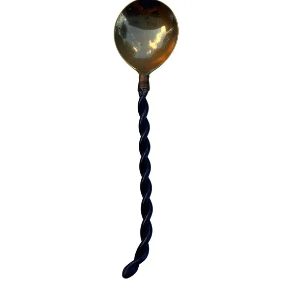 Vintage Brass and Wrought Iron Serving Spoon Hand Forged Twisted Handle 9 Inch