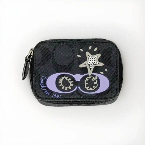 Coach Signature C Triple Pill Case Travel Organizer Black Purple 1941