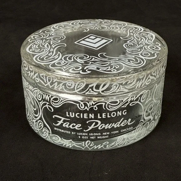 Vintage Lucien Lelong Face Powder Glass Jar Container‎ Vanity Decor