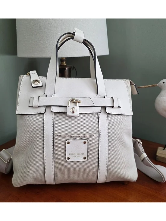 Henri Bendel Jetsetter Convertible Backpack Cream Canvas Leather Bag