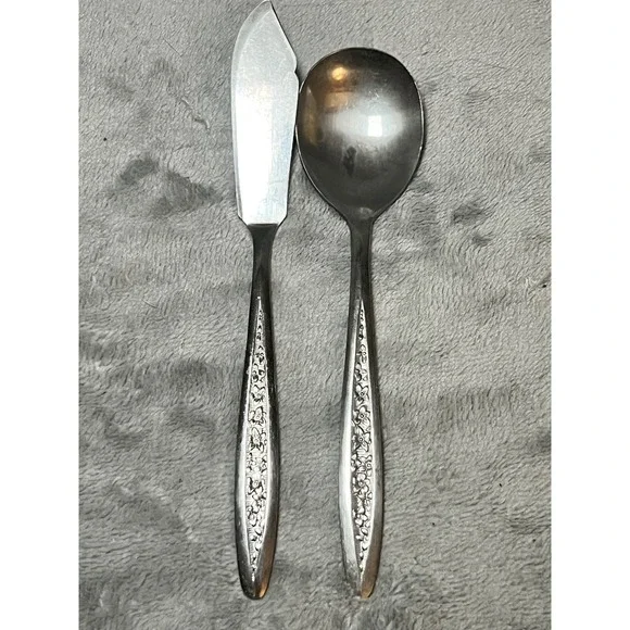 Vintage Customecraft Japan Butter Knife Spoon Floral Stainless Flatware Set