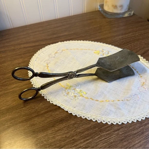 Vintage Ornate Silver Plate Scissor Pastry Tongs Dessert Sandwich Finger Loop