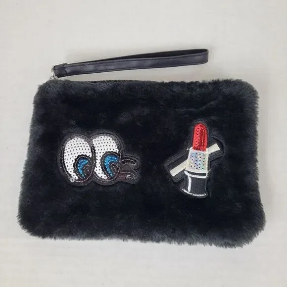Black Fuzzy Cosmetic Bag‎