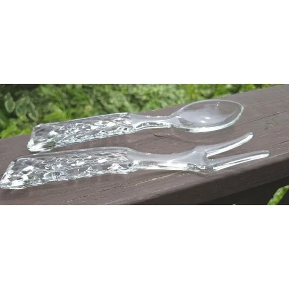 Vintage Clear Pressed Glass Salad Servers Set Diamond Pattern Spoon Fork