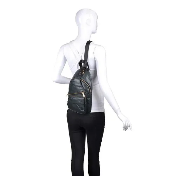 Sol and Solene on the Go Sling Backpack Dark Green with Gold Metal Accents