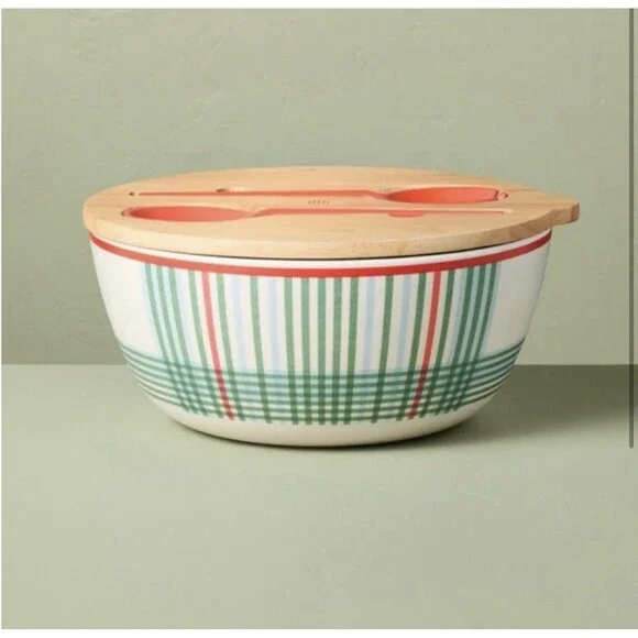 Hearth & Hand Magnolia 4Pc Summer Plaid Melamine Serving Bowl Utensil Set