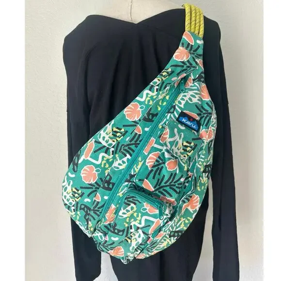 KAVU Rope Sling Bag Tropical Print Teal Crossbody Festival Bag