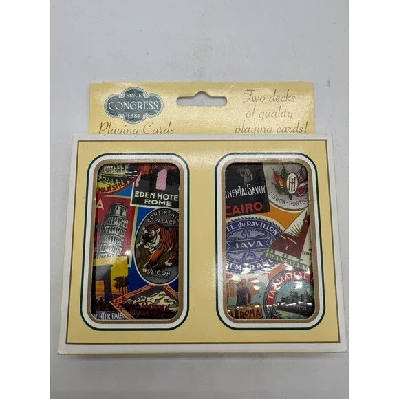 Vintage CONGRESS Double Deck Playing Cards World Travel Stickers Souvenir Art