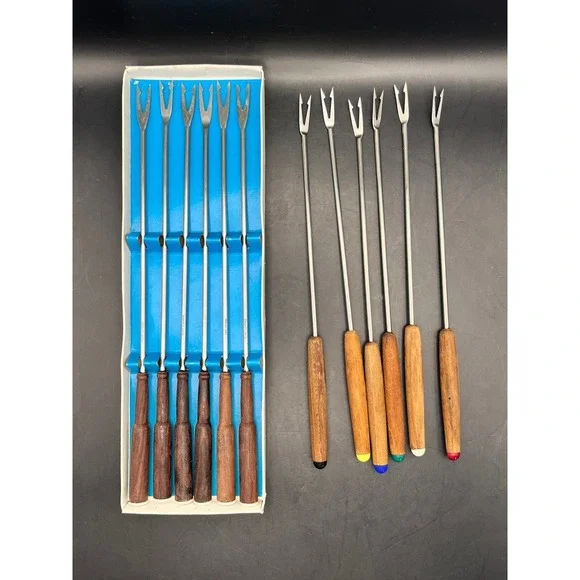 Vtg Set of 2 Fondue Forks Handles Japan Stainless Steel Color Dice Ends 12 MCM